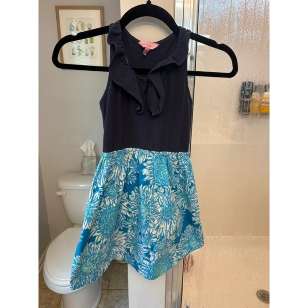 Lilly Pulitzer Girls 6-7 Ruffle Racerback Dress Blue Floral‎ Cotton Knit Size M